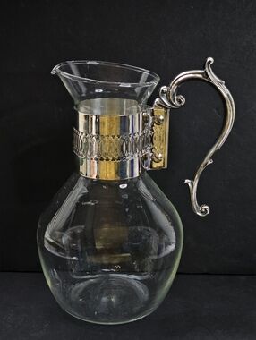 Vtg Corning Heat Proof Glass Carafe Silver Plated Ornate Handle MCM Wine Pitcher